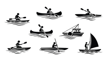 Black Silhouette Stick Figures on Boats, Canoes, Sailboat, Fishing Boat Vector Illustration