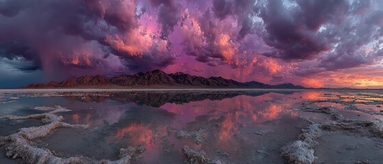 Dramatic sunset over a calm salt lake, reflected in the water, with dramatic clouds