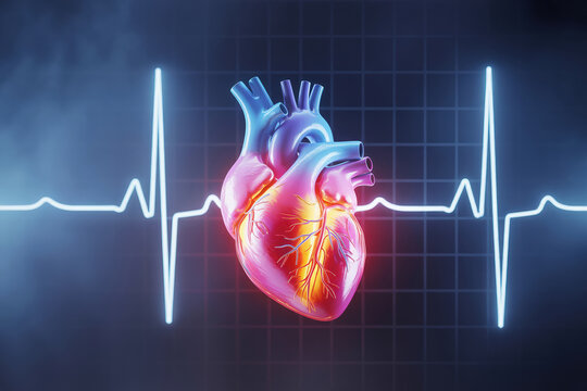 Anatomical Heart Illustration with EKG Tracing Against a Grid Background Depicting Cardiovascular Health and Medical Technology