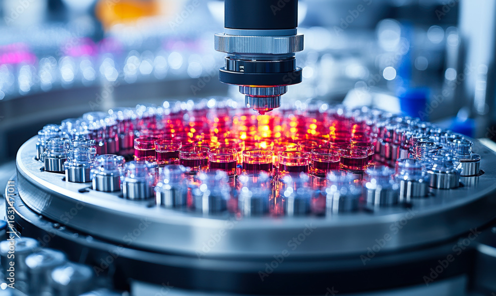 Poster close-up of automated laboratory bioprocessing machine using advanced sensors with illuminated sampl