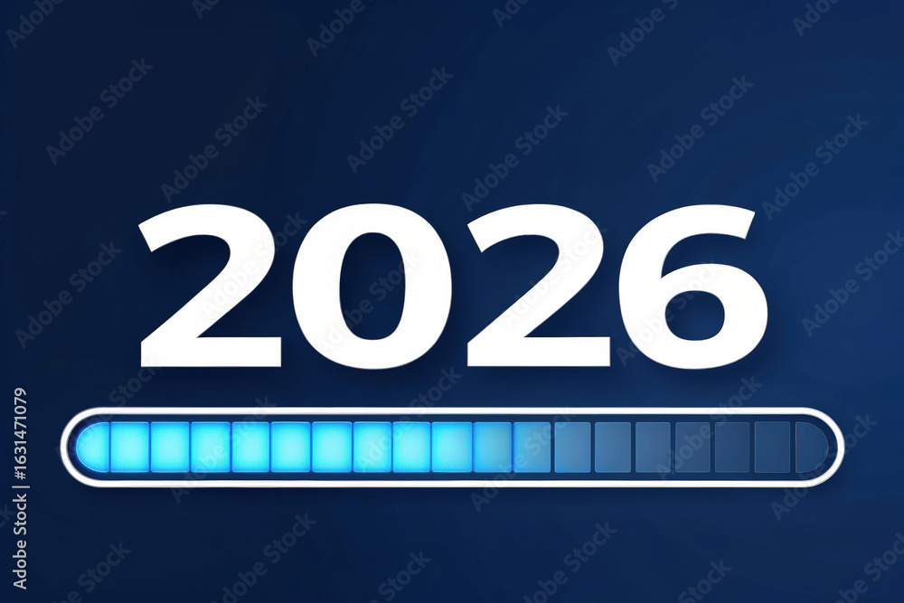 Poster anticipating the arrival of 2026 a digital countdown with a glowing progress bar against a deep blue