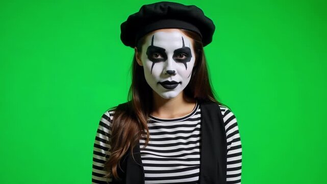 Expressive mime artist performing silent comedy with dramatic makeup on vibrant green screen, perfect for creative projects and unique storytelling videos