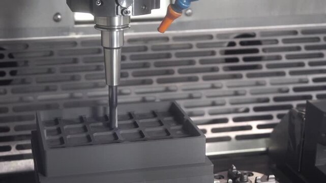 Pan scene the CNC milling machine cutting the graphite electrode parts with flat nose end mill tool.