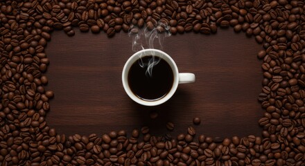 Invigorating coffee cup with steam and roasted beans provides an ideal morning energy boost