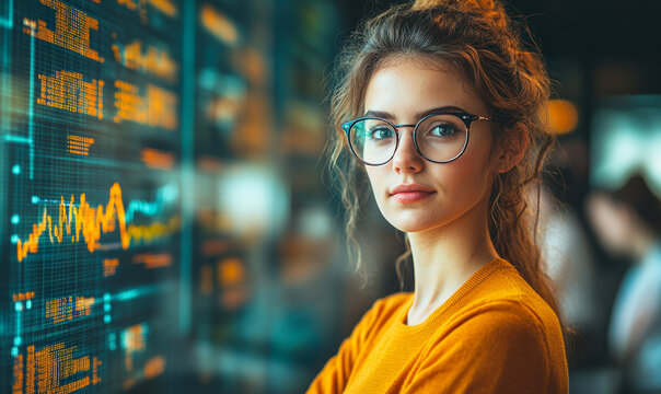 Confident young woman wearing glasses analyzing digital stock market data on transparent screen in modern office with blurred background colleagues