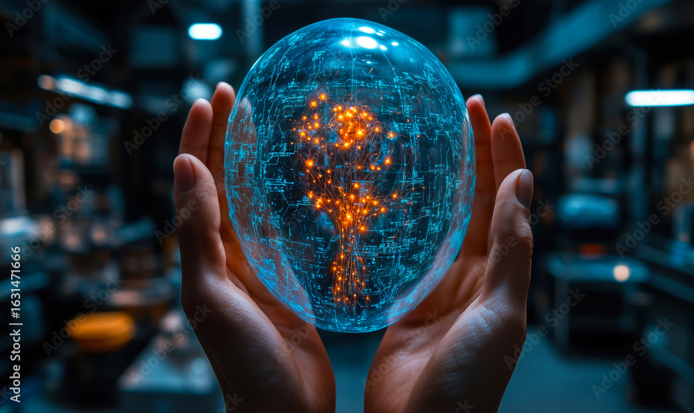 Poster hands holding transparent digital globe with glowing network connections representing global technol