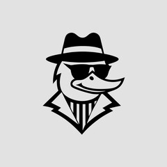 Cool Duck Gangster Mascot Logo Design, Vector Illustration, Black And White, Stylish, Retro