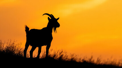 Naklejka premium Goat Silhouetted Against Sunset