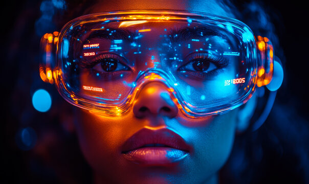 Close-up of young woman wearing futuristic augmented reality glasses with glowing orange and blue digital interface in dark environment technology innovation concept