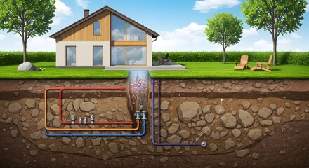 Illustration of a geothermal heating system beneath a house with pipes, pumps, and outdoor furniture on the lawn.