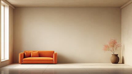 Empty room with orange couch and decorative plant.