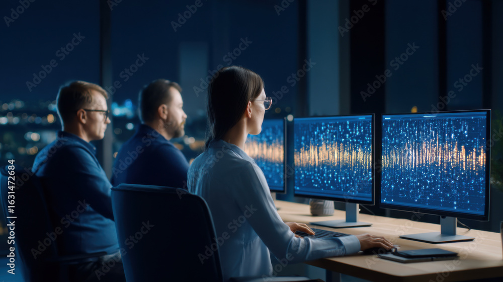 Aufkleber a group of professionals analyzing data on multiple monitors in a modern office at night, illuminate