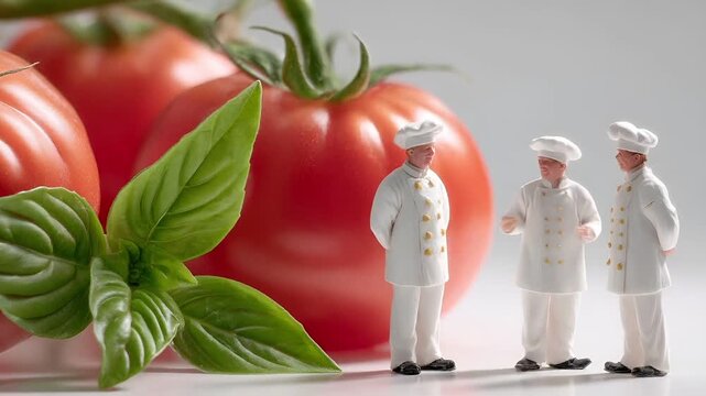Tiny Chefs Discussing Beside Giant Tomatoes