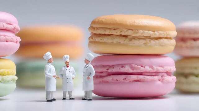 Miniature Chefs Surrounded by Giant Colorful Macarons