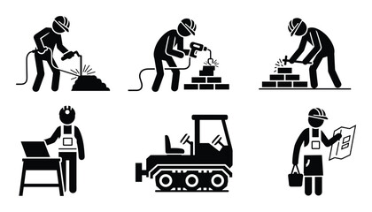 Construction Workers Silhouettes Set: Welder, Bricklayer, Engineer with Laptop, Excavator, and Inspector Vector Illustration