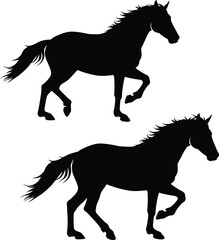 Set of Two Trotting Horse Silhouettes Vector: Elegant Black Running Equine Illustrations – Monochrome Graphic Design Elements for Equestrian Sport, Freedom, Power, Movement, and Farm Animal Symbolism.