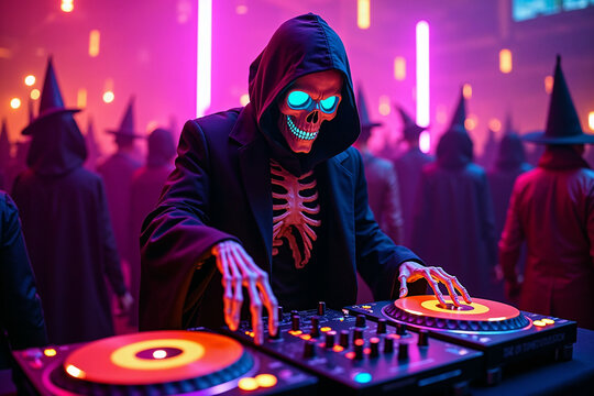 A DJ in a Skeleton Costume Performing at a Halloween Rave Party