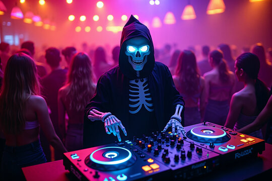 Halloween Nightlife: A DJ in a Spooky Skeleton Suit Playing Music in a Club