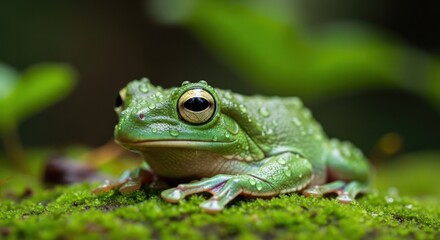 Fototapeta premium Green tree frog sits on mossy surface, speckled with droplets, eye-catching