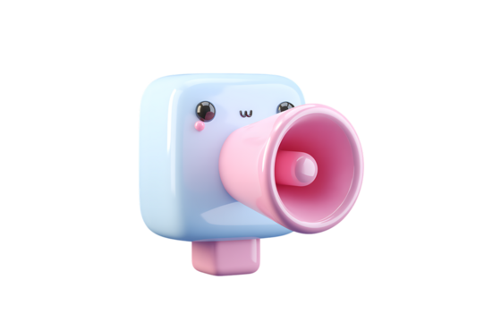 Adorable 3D Render of a Cute Cartoon Megaphone Character Isolated on transparent background, cutout	