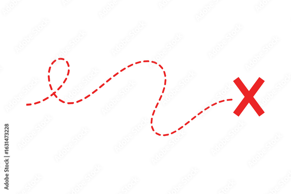 Aufkleber dashed line path to red x mark, treasure map route, navigation concept vector illustration