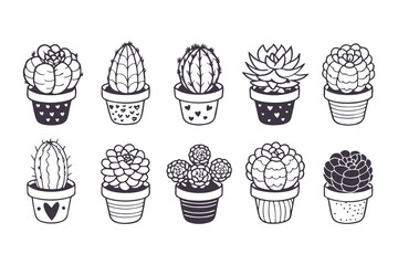 Set of cute hand-drawn cactus and succulents in decorative pots. Kawaii doodle illustration collection for stickers, coloring pages, and nursery decor.