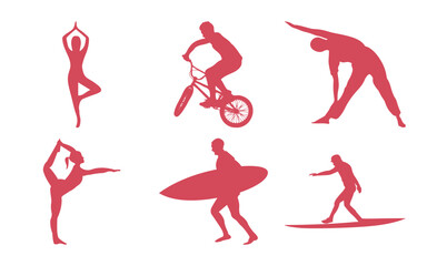 Collection of diverse sports and fitness silhouettes including yoga, surfing, and bmx riding, isolated on white background