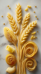 Different types of raw pasta arranged in botanical wheat and leaf shapes on light marble background. Creative food composition with fettuccine, fusilli, rigatoni and tagliatelle.