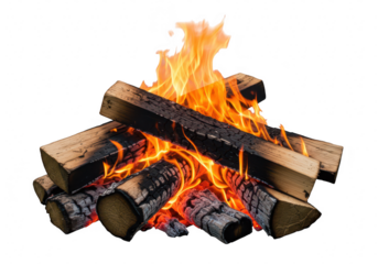 Burning wood logs with bright orange flames isolated on transparent background