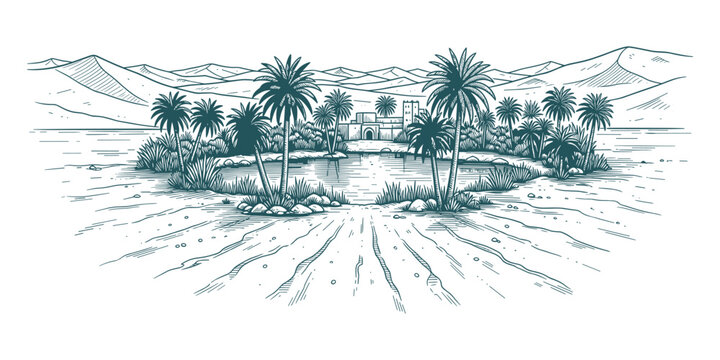 desert oasis scene, teal line art clip art preview