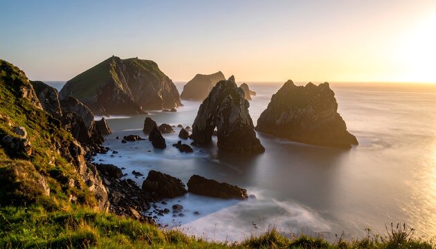 Coastal sunset view of dramatic rock formations and calm ocean waters