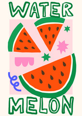 Summer tropical exotic fruits vector illustration. Bold bright poster design with watermelon, abstract shapes