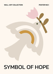 Neutral colors folk bird vector illustration. Minimalist poster design with boho dove with flower