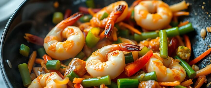 Close-up of sizzling shrimp and mixed vegetables stir-fried in a wok,   wok cooking,  lunch - Powered by Adobe