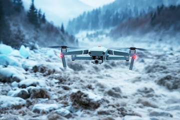 Obraz premium Drone flying over snowy mountain river in winter