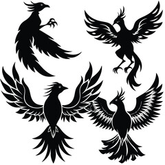 Obraz premium Four stylized black silhouettes of mythical phoenix birds in various dynamic poses, showcasing their fiery plumage and sharp talons.