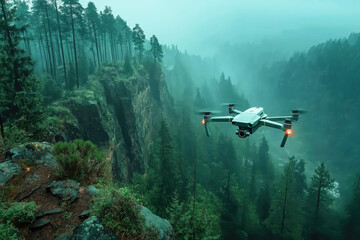 Fototapeta premium Drone flying over misty forest and rocky cliffs