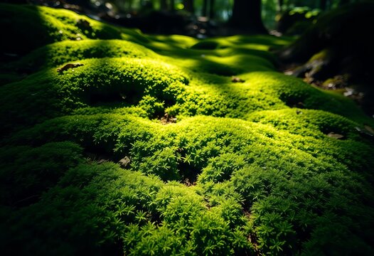Emerald moss carpet, uniquely textured, blankets dark forest floor, dappled sunlight, environment, texture