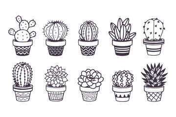 Set of cute hand-drawn cactus and succulents in decorative pots. Kawaii doodle illustration collection for stickers, coloring pages, and nursery decor.