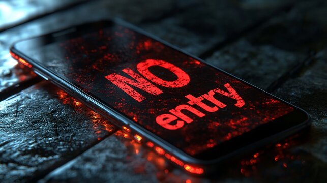 and keywords for the image

 Glowing Smartphone Screen Displays "No Entry" Warning on Dark Surface