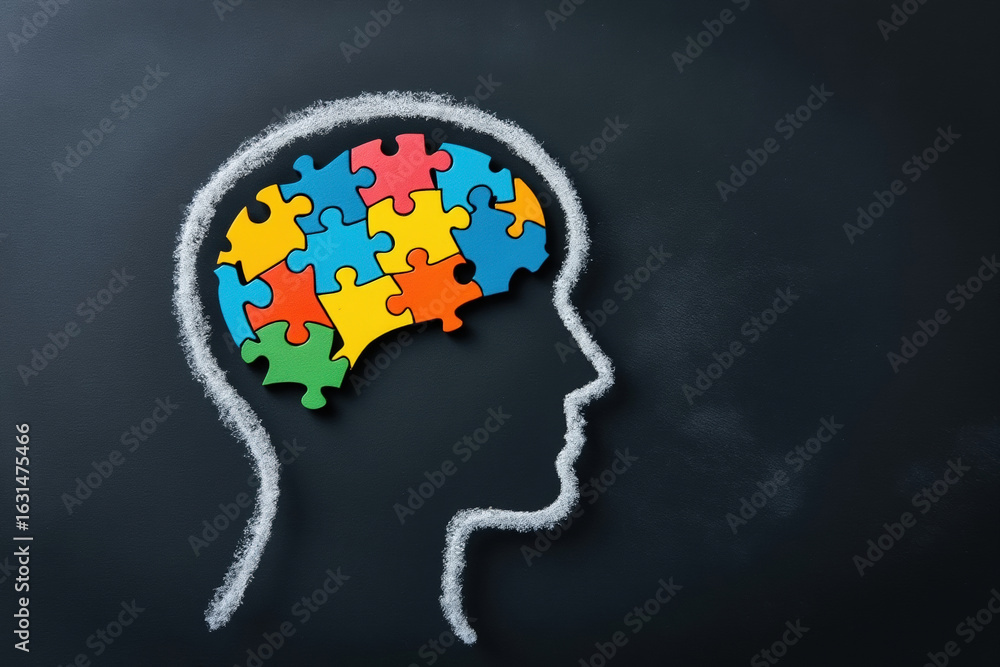 Poster Brain Health Concept with Colorful Puzzle Pieces Forming a Brain Inside a Chalk Outline of a Head on a Dark Blackboard Surface
