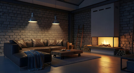Cozy Living Room with Brown Leather Sofa and Warm Fireplace