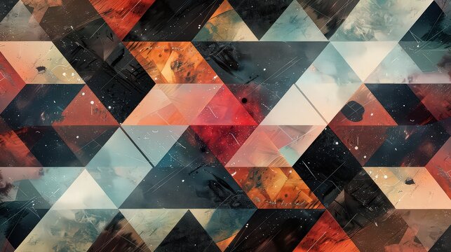 Abstract geometric pattern with triangles in shades of red blue orange and black with grunge texture