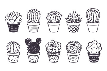 Set of cute hand-drawn cactus and succulents in decorative pots. Kawaii doodle illustration collection for stickers, coloring pages, and nursery decor.