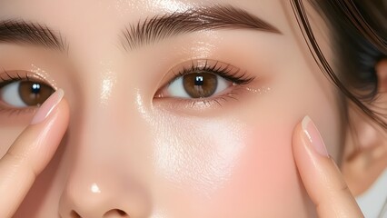 Closeup of a womans face with glowing skin and natural makeup application