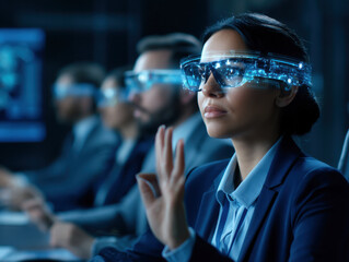 A focused professional wearing futuristic augmented reality glasses, engaged in a technology-driven environment alongside colleagues.