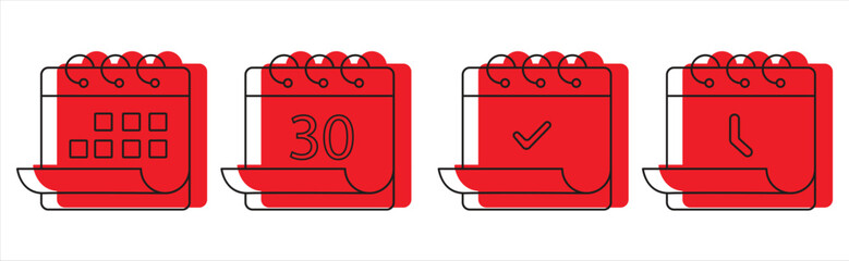 Red Calendar Icon set, Calendar symbol, Meeting Deadline Icon, Time Management, appointment schedule flat icon, isolated on white background, vector illustration.

