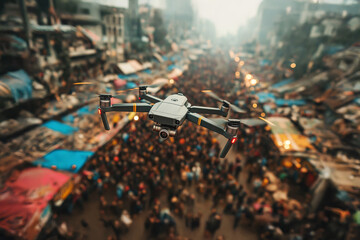 Drone flying over crowded city street after disaster