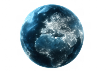 Rotating planet revealing urban nighttime illumination, transparent background highlighting global connectivity, environmental awareness concept