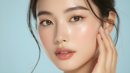 Portrait of a beautiful woman with glowing skin and natural makeup on blue background